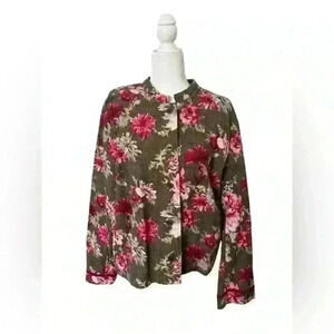 J. Jill Floral Quilted Jacket Large - Button Front, Long Sleeve, Cotton Blend